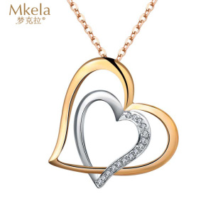 梦克拉   18K金群镶钻石吊坠 心形 双色双心项链心形吊坠 恋语