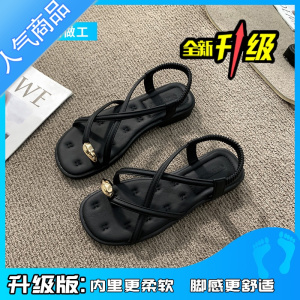 SUNTEK凉鞋女夏外穿2023新款黑色高级感法式晚风仙女配裙子罗马平底鞋子