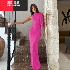 YIBUSHENG欧美风设计感绑带露肩无袖连衣裙女季气质高腰修身显瘦过膝长裙