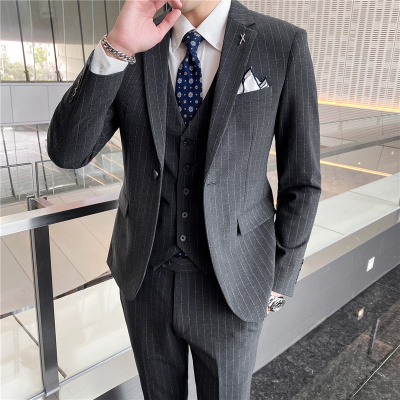 华中铭旗舰店条纹男士西服套装男西装商务正装三件套韩版修身帅气休闲小西装英伦风青年职业工作服新郎结婚礼服伴郎服