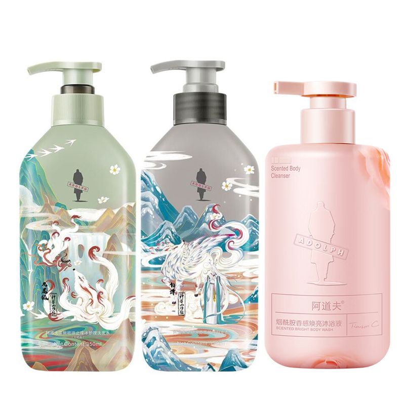 阿道夫(ADOLPH) 茶麸冰护理专研无硅油洗发水(祛油止痒)山海经(350ml+350ml)+沐浴露350ml