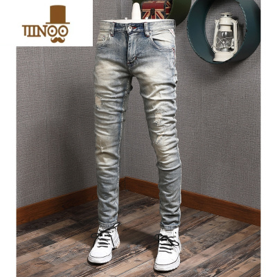 YANXU2023欧美复古浅蓝做旧弹力牛仔裤男修身小脚潮牌破洞青年长裤百搭