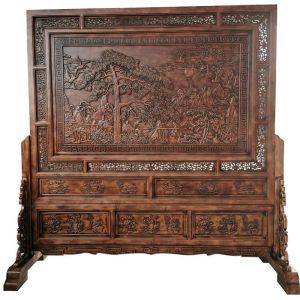 森美人东阳木实木迎客松落地屏风座屏 中式双面刻插屏摆件 玄关隔断