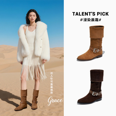 复古堆堆靴秋冬新款粗跟扣带西部牛仔英伦风骑士靴休闲长筒靴