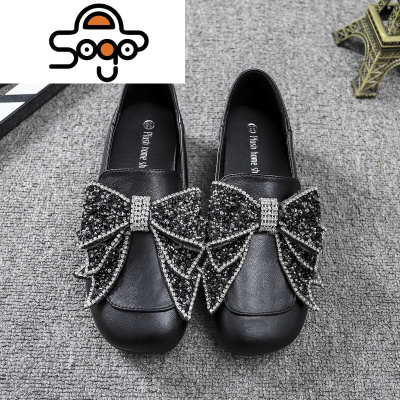 七色王国欧洲站2021春秋蝴蝶结皮豆豆鞋女平底方头懒人单鞋船鞋瓢鞋女鞋休闲鞋