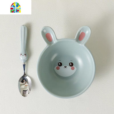 创意卡通陶瓷餐具可爱学生零食碗水果碗宝宝辅食碗吃饭碗带勺微波 FENGHOU 灰兔盘+碗+叉+勺+杯五件货