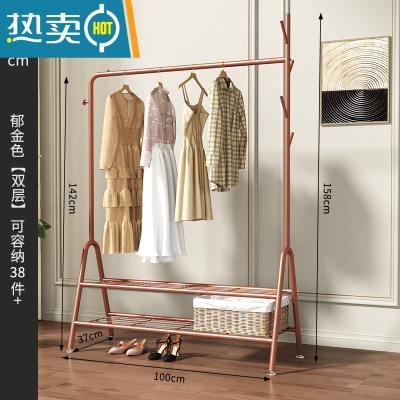敬平挂衣架落地卧室简易晾衣服置物架子家用单杆式室内网红小型衣帽架 100cm宽-玫瑰金双层晾晒架