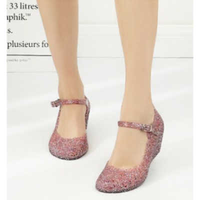 枫述塑料凉鞋女水晶鞋透明夏坡跟防滑洞洞鞋女广场舞鞋软塑料女凉鞋沙