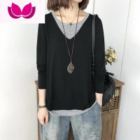 七斓假打底衫内搭女2022宽松韩版百搭长袖上衣V领显瘦休闲t恤