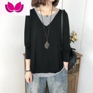 七斓假打底衫内搭女2022宽松韩版百搭长袖上衣V领显瘦休闲t恤