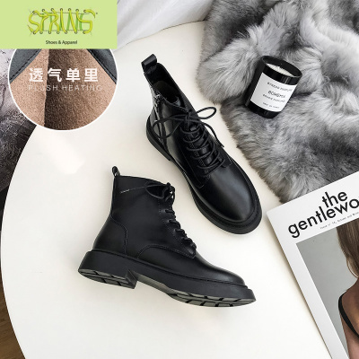 2019新款马丁靴女冬加绒网红百搭平底短靴女英伦风系带帅气机车靴语娄