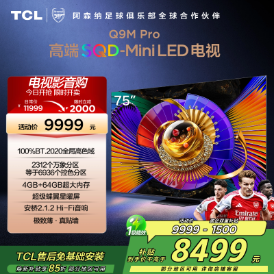 TCL电视 75Q9M Pro 75英寸 SQD-Mini LED 100%全局高色域 超级蝶翼星曜屏 万象分区