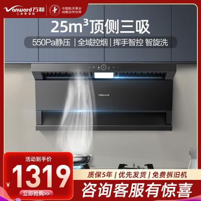 万和小蓝光WL875 一级能效顶侧三吸抽油烟机25m³大风量550Pa静压挥手智控一键智旋洗CXW-358-WL875