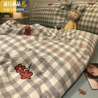 日式格子小花花四件套棉1.5m1.8米被套床单女士床上用品 三维工匠
