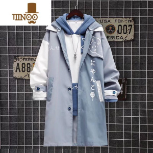 YANXU日系ins潮流卡通猫咪外套男潮牌中长款宽松青少年加绒风衣