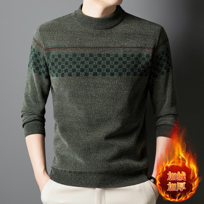 男式加绒上衣中年男士加厚打底衫圆领一体绒毛衣雪貂针织衫男装_36827