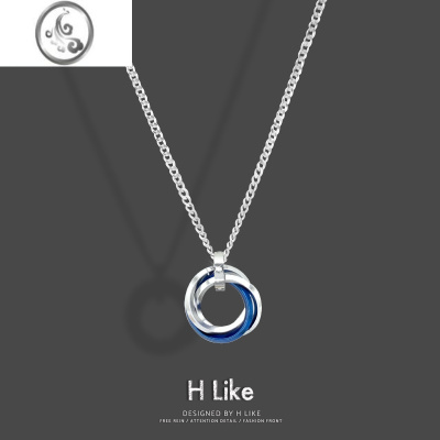 JiMi几何蓝色多圈圆环项链吊坠饰品钛钢嘻哈情侣男女设计锁骨冷淡风潮