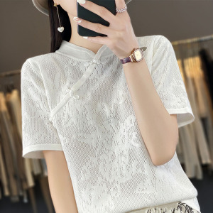 中式盘扣冰丝镂空短袖女款夏季提花百搭半高针织衫体恤打底上衣