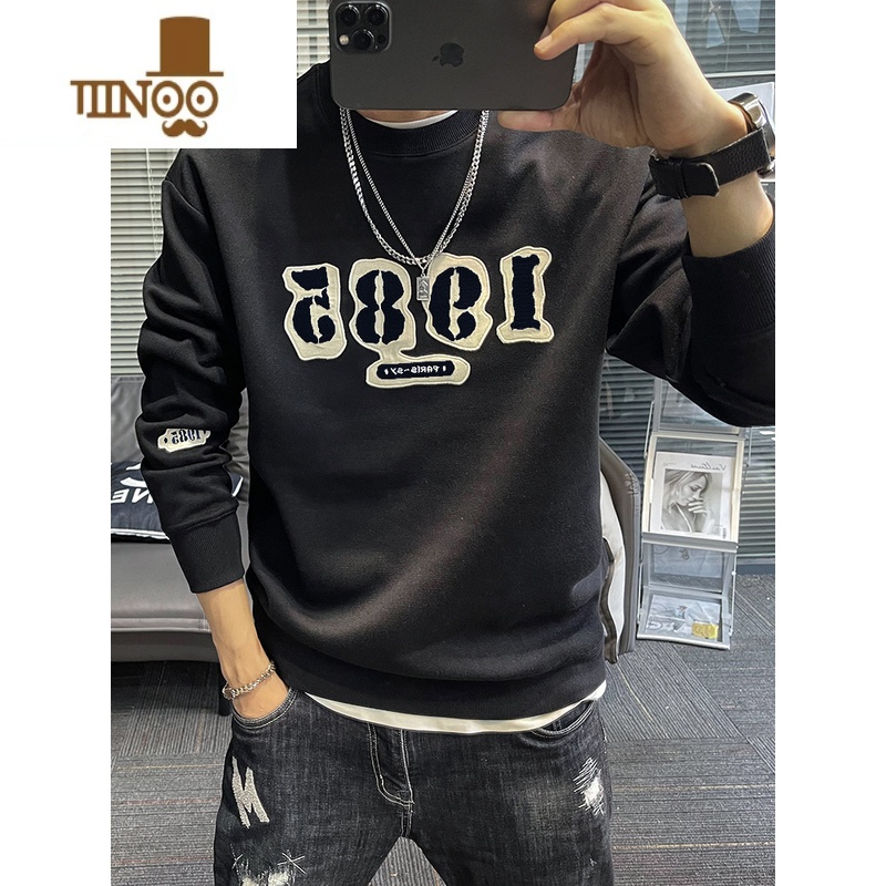 YANXU卫衣男2023圆领新款1985字母刺绣青年宽松休闲青春潮流