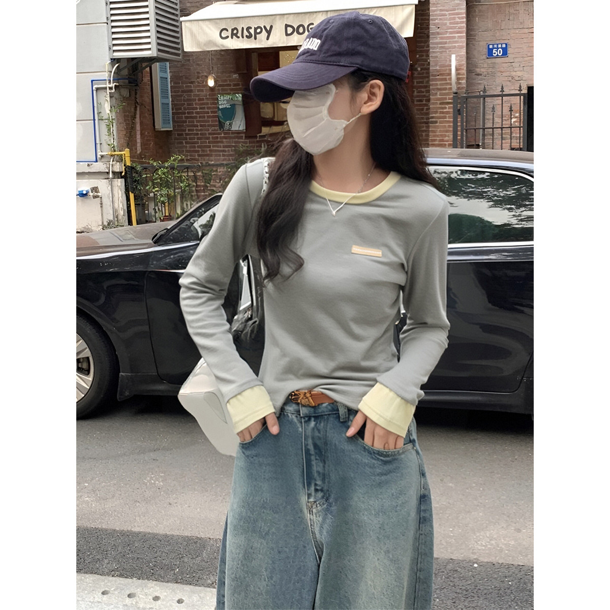 [1.5折价36元]唐狮春女圆领撞色领口长袖T恤气质韩系百搭上衣简约时髦