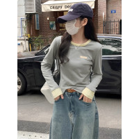 [1.5折价36元]唐狮春女圆领撞色领口长袖T恤气质韩系百搭上衣简约时髦