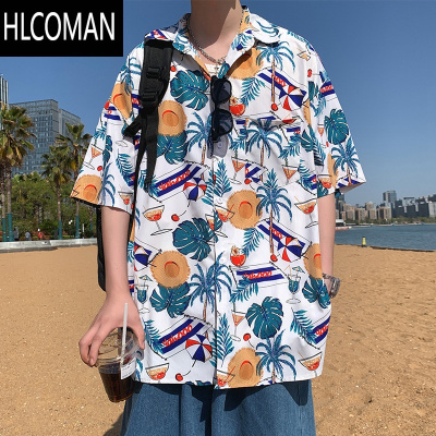HLCOMAN冰丝花衬衫男短袖夏季薄款卡通睡衣宽松夏威夷衬衣外套休闲上衣潮