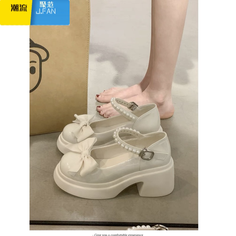 聚范白色法式玛丽珍小皮鞋女厚底中跟增高蝴蝶结配裙子单鞋温柔高跟鞋