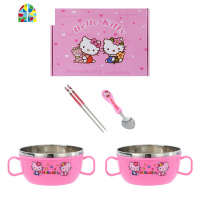 不锈钢碗儿童餐具套装宝宝防摔吃饭碗带盖卡通防烫双耳汤碗礼品碗 FENGHOU 粉色2碗1勺1叉1杯(送盖子)