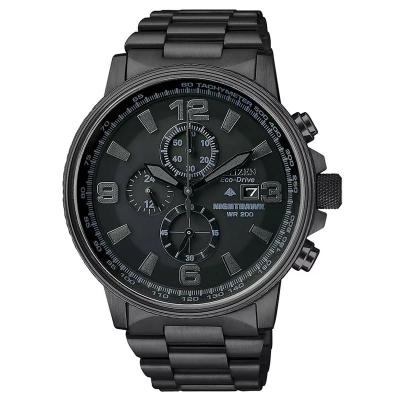 Citizen/西铁城男士石英光动能腕表夜鹰系列黑离子不锈钢表带43mm