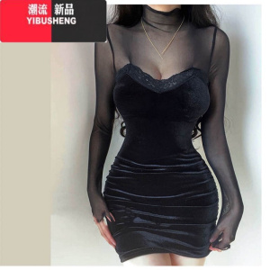 YIBUSHENG胖mm300斤辣妹蕾丝网纱拼接连衣裙女装季大码修身假两件包臀裙