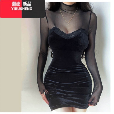 YIBUSHENG胖mm300斤辣妹蕾丝网纱拼接连衣裙女装季大码修身假两件包臀裙