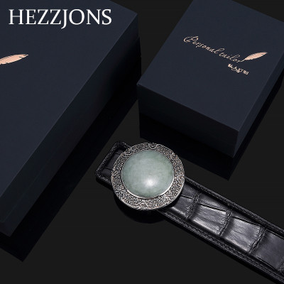 赫泽琼斯HEZZJONS翡翠玉石扣腰带进口尼罗鳄鱼皮皮带青中年商务休闲奢侈品裤腰带男士高档送礼皮带黑色