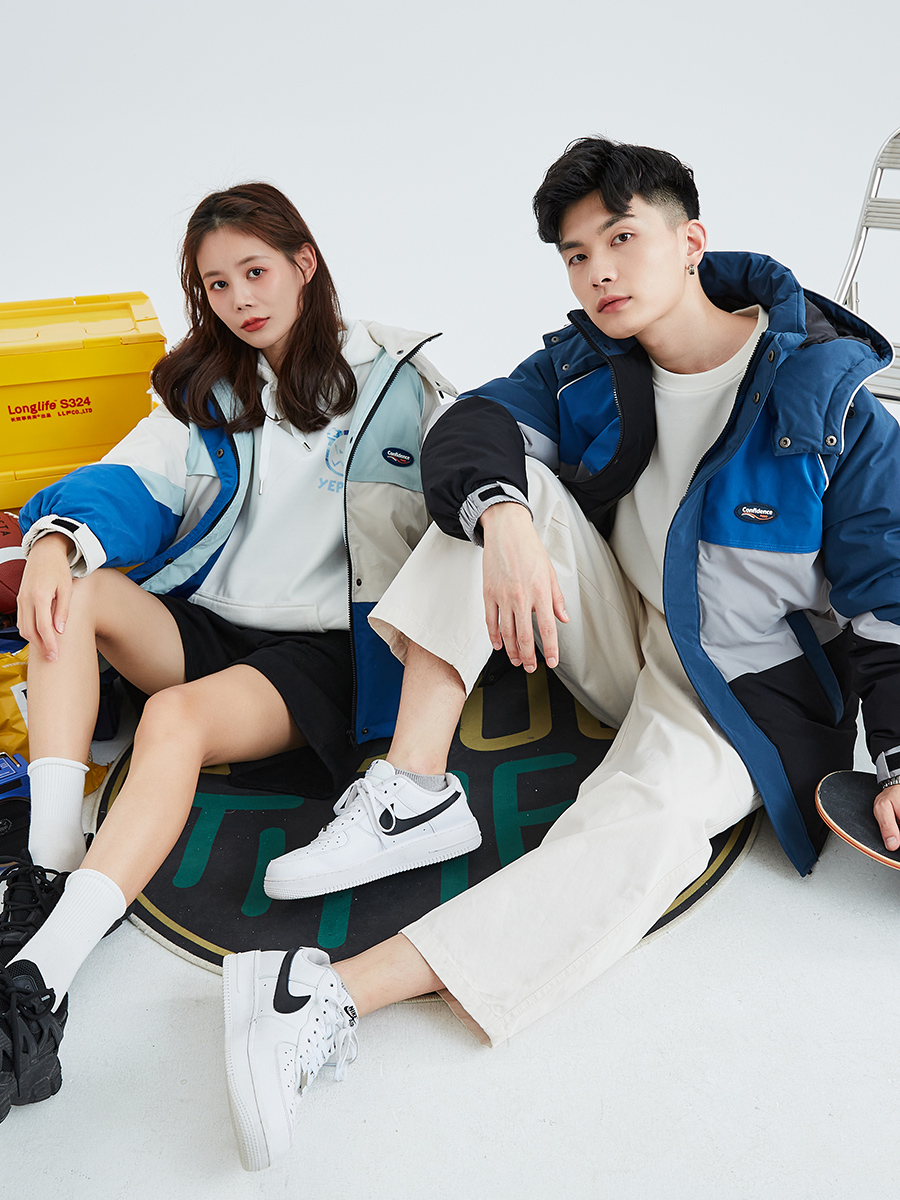 4元]唐狮冬季新款情侣羽绒服拼接保暖加厚连帽韩版潮冬季情侣装