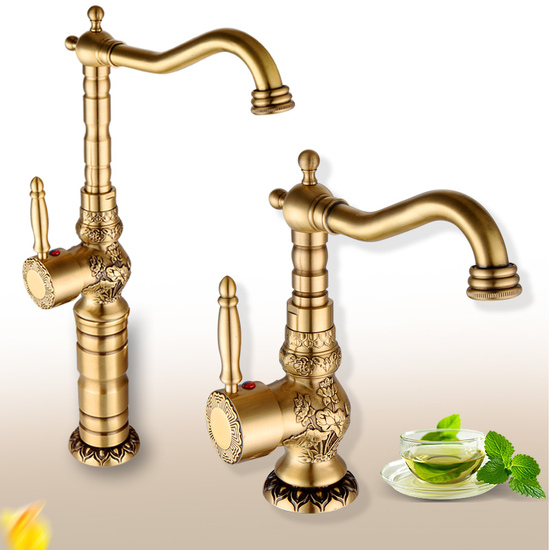 仿古水龙头ciaa花面盆冷热水笼头台盆单把单孔加高款铜欧式旋转