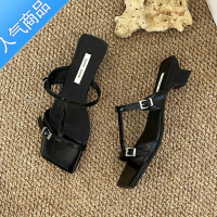 SUNTEK高级感韩国风凉鞋女2023年夏季气质晚风方扣露趾中跟外穿度假凉拖