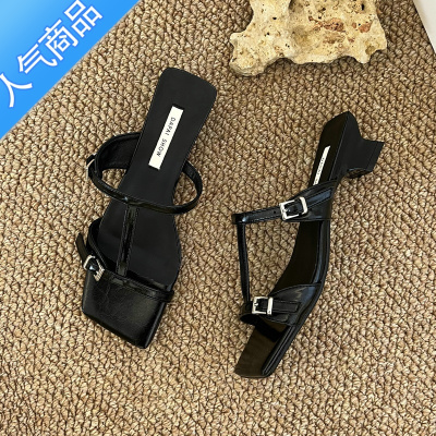 SUNTEK高级感韩国风凉鞋女2023年夏季气质晚风方扣露趾中跟外穿度假凉拖