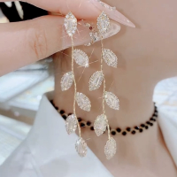 s925银针长款流苏叶子耳钉耳坠女韩国网红气质适合圆脸的显瘦耳环送女朋友老婆情人节七夕生日礼物