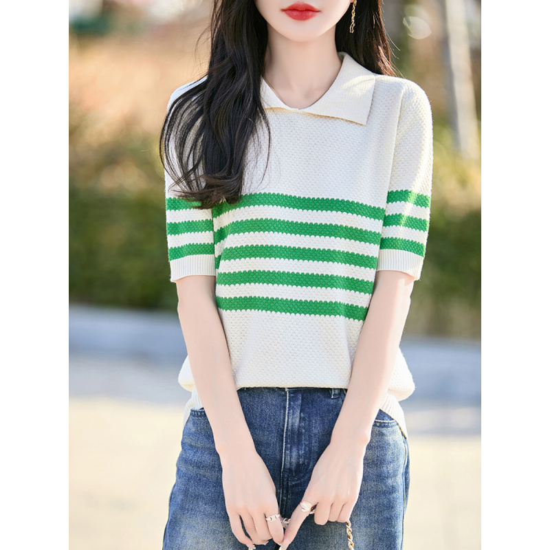 25夏季新款纯棉polo领针织短袖T恤女简约拼色条纹打底衫内搭上衣