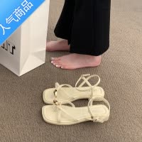 SUNTEK一字带夹脚凉鞋女款2023新款法式平底套趾罗马鞋配裙子百搭沙滩鞋