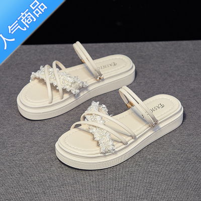 SUNTEK仙女风两穿凉鞋女夏季平底2023年新款百搭学生厚底外穿凉拖鞋罗马