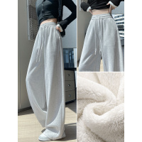 羊羔绒运动裤女秋冬新款直筒休闲灰色卫裤小个子加绒阔腿裤子