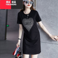 YIBUSHENG休闲连衣裙女2024新款季小个子显高烫钻遮肚子显瘦欧货T恤裙