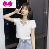 七斓设计感小众短款上衣女夏2023新款网红辣妹风高腰露脐短袖针织T恤