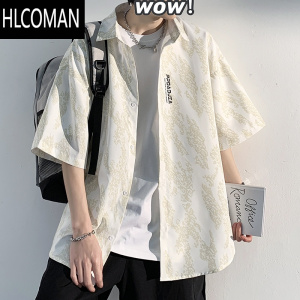 HLCOMAN夏季男士短袖衬衫日系潮流冰丝衬衣外套潮牌休闲薄款男生上衣宽松