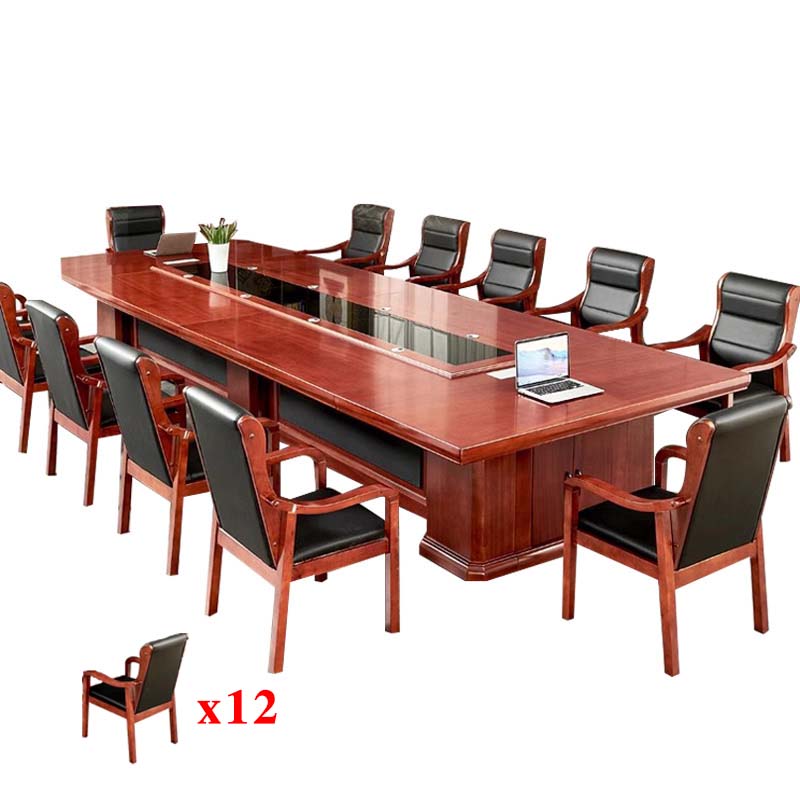 正斌大型油漆会议桌实木黑玻璃长桌开会办公室桌椅组合工作台3.5米会议桌+12把将椅