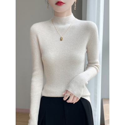 一线成衣抽条半高领毛衣打底衫女秋冬新款百搭修身长袖针织衫上衣