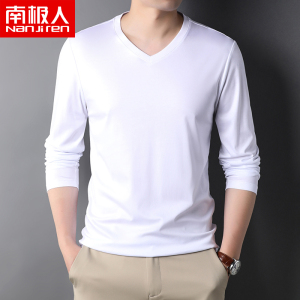 南极人全棉T恤男长袖V领纯色百搭简约舒适打底衫液氨棉体恤衫