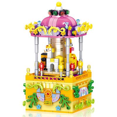 汇奇宝积木音乐盒拼装八音盒模型桌面摆件玩具男女孩生日礼物玩具兼容樂高6-14岁旋转木马八音盒607颗粒-