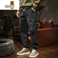 YANXU日系复古黑色休闲工装裤男2023秋季美式潮牌直筒宽松潮流帅气裤子