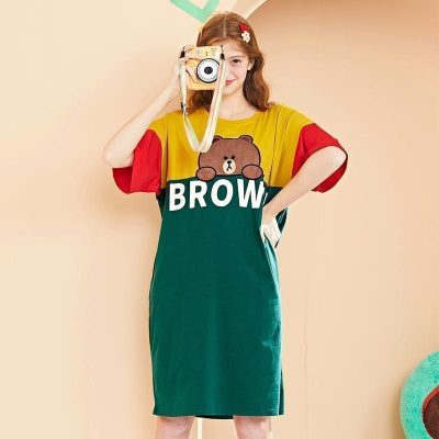 芬腾linefriends睡裙女夏纯棉短袖卡通可外穿宽松薄款连衣裙睡衣